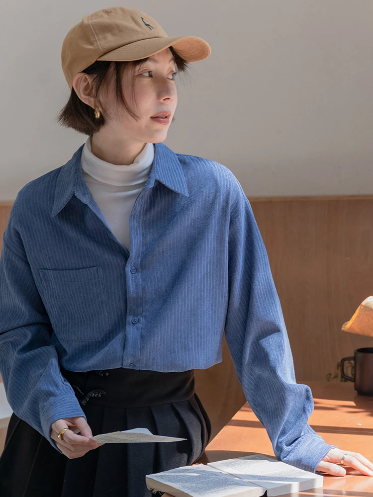 

Blue Corduroy Shirt Women's New Style Spring Autumn Striped Top Layered Inner Wear Base Shirt Coat Winter Collar Long Sl...