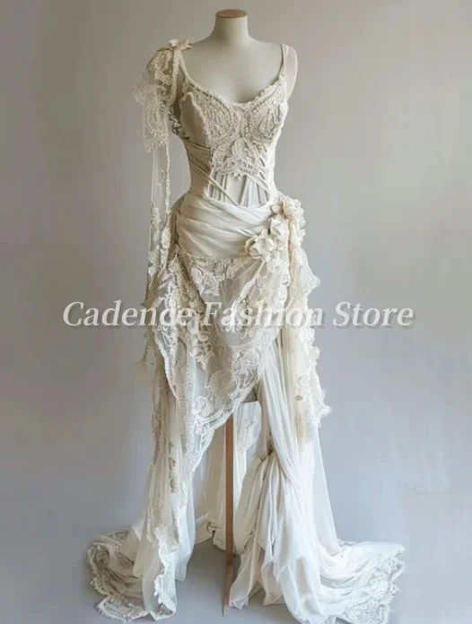 Maßgeschneiderte 2025, Vintage-Elfenbein, einzigartige lange Spitze, Ballkleider, Korsett, Brautkleider, Brautkleider, Abendkleider