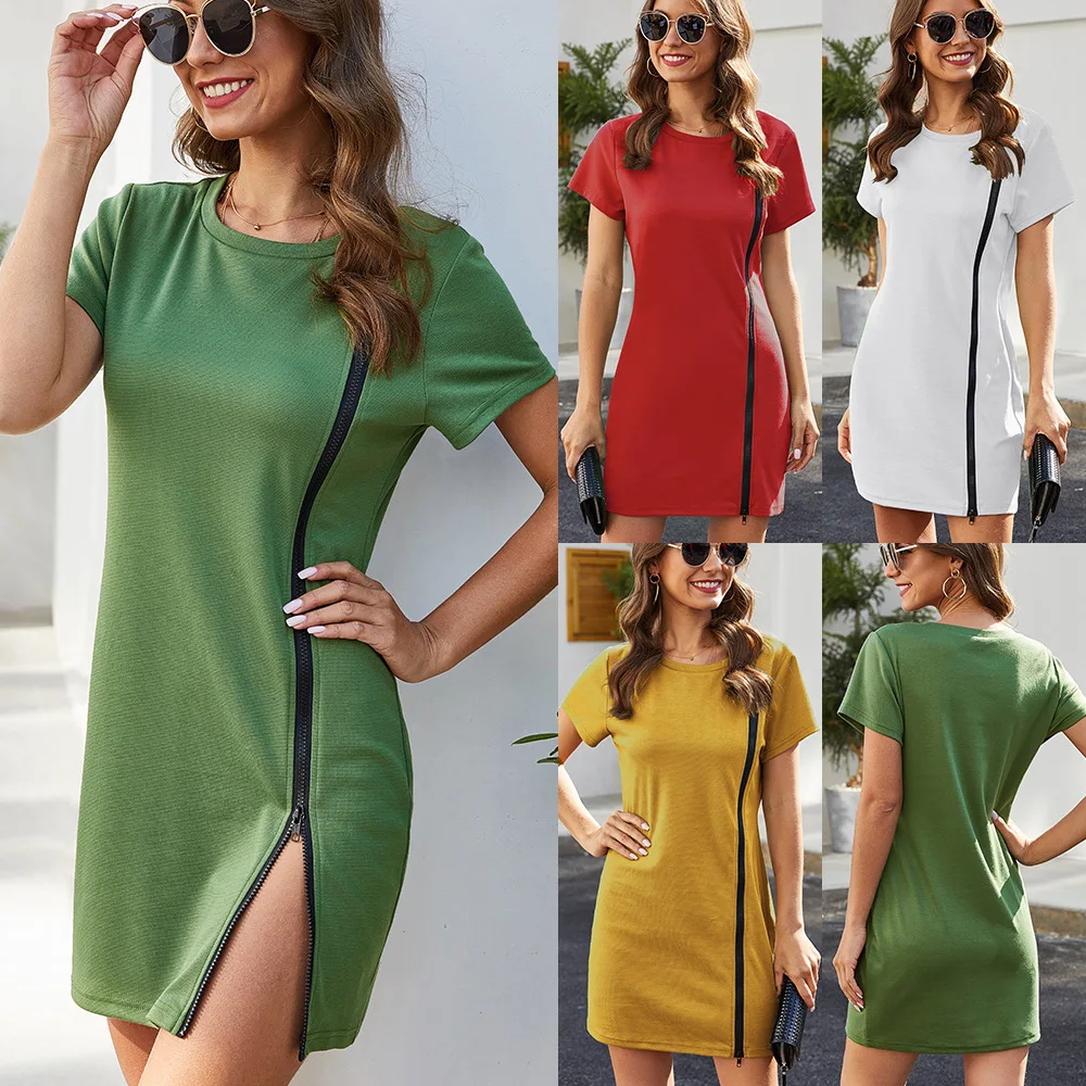 

Nice Summer Women Dress Fashion Sports Runway Casual Robe O-Neck Short Sleeve Stretch Slim Fit Hip Plus Size Green Mini Dresses