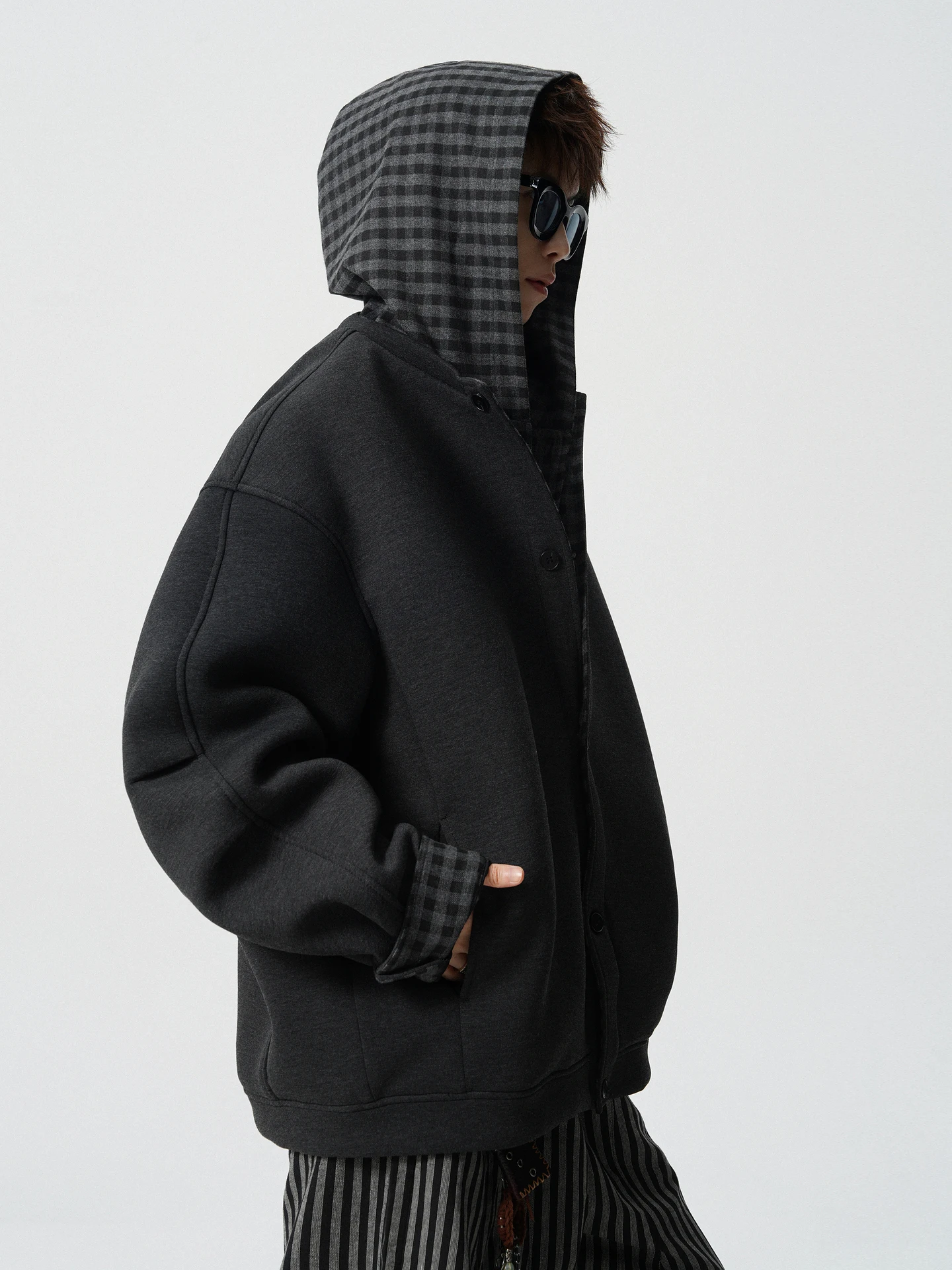 

Retro Plaid Patchwork Open Cardigan Hoodie Men's Loose Couple Heavy-Du Versatile Outerwear Youthful ular Winter Jaet