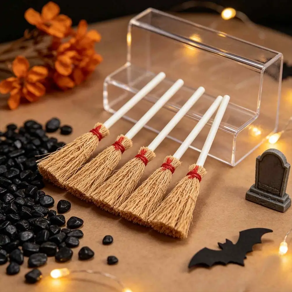 Miniature Straw Broom Small Straw Tool 10 Pcs Mini Straw Brooms Set Artificial Witch Broom Decorations with Rope for Dollhouse