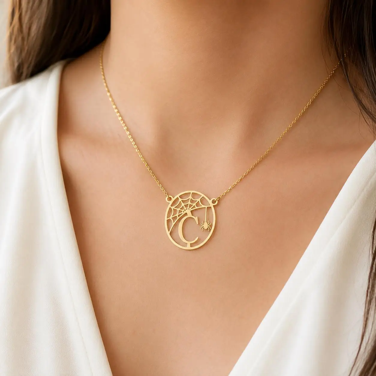 Custom Halloween Initial Necklace Personalized Spider Web Name Choker Bespoke Oval Necklaces For Women Stainless Steel Jewelry