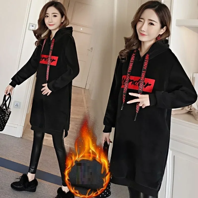 Women's Maternity Hooded Tunic Tops V Neck Casual Swing Pullover Hoodie Long Sweatshirts Autumn Winter Outwear With Pockets