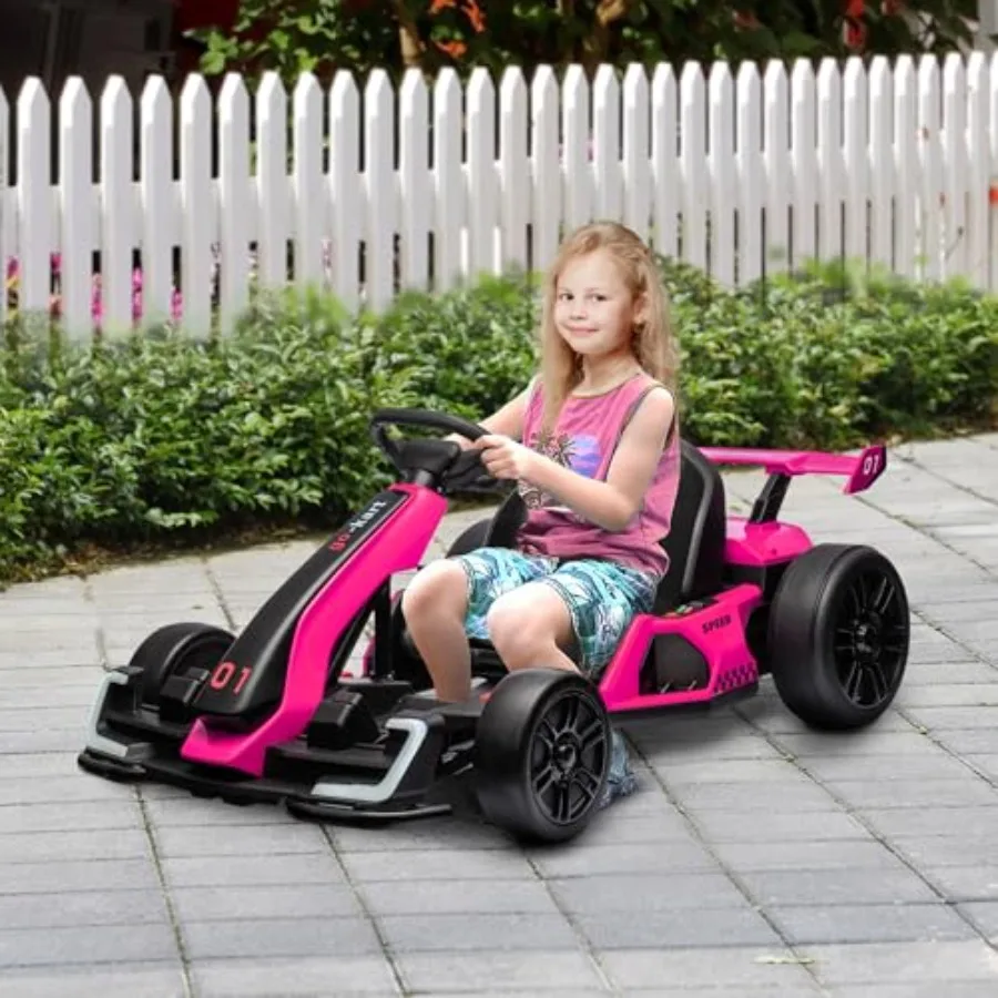 Outdoor electric go kart for ages 6-12: 24V, 7.5 MPH, dual 150W motors, adjustable seat, slow start, music, horn, lights, drift