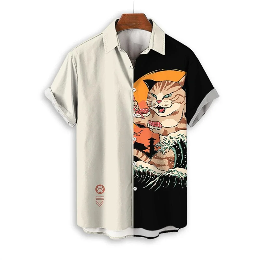 Samurai Cat 3D Printedshirt for Men Summer Clothes for Men Turndown Collar Shirts for Men Street Outdoor Clothes for Men Breatha