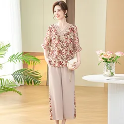 Elegant 2-Piece Sets For Women XL-5XL Thin Printed Summer Short Sleeve Shirt Pants Sets Middle Aged Mother Outfit Grandma Suit