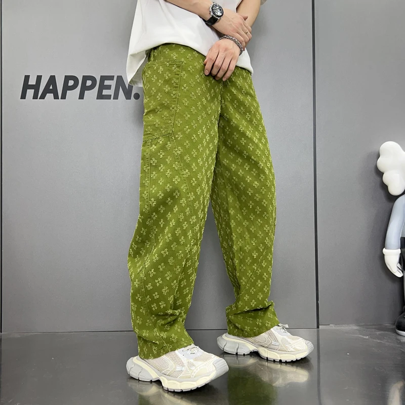 Street Amerikaanse Vintage Jacquard Straight Jeans Heren Wijde Pijpen Y 2K Mode Streetwear Losse Broek Groene Pantalones Hombre