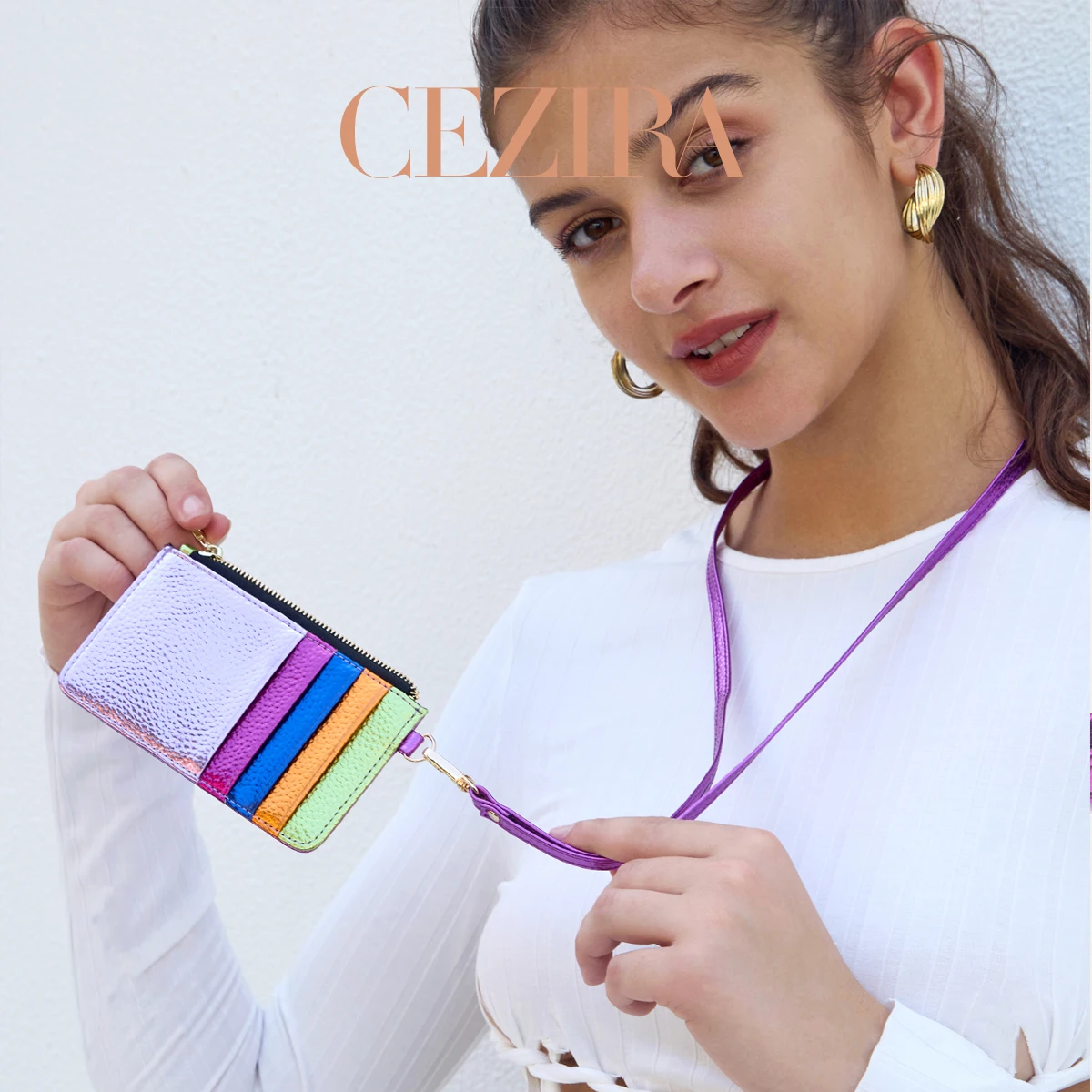 CEZIRA Women Color Portable RFID Slim Card Holder Colorful PU Zipper Coin Mini Wallet With Sling Strap Everyday Commute Outing