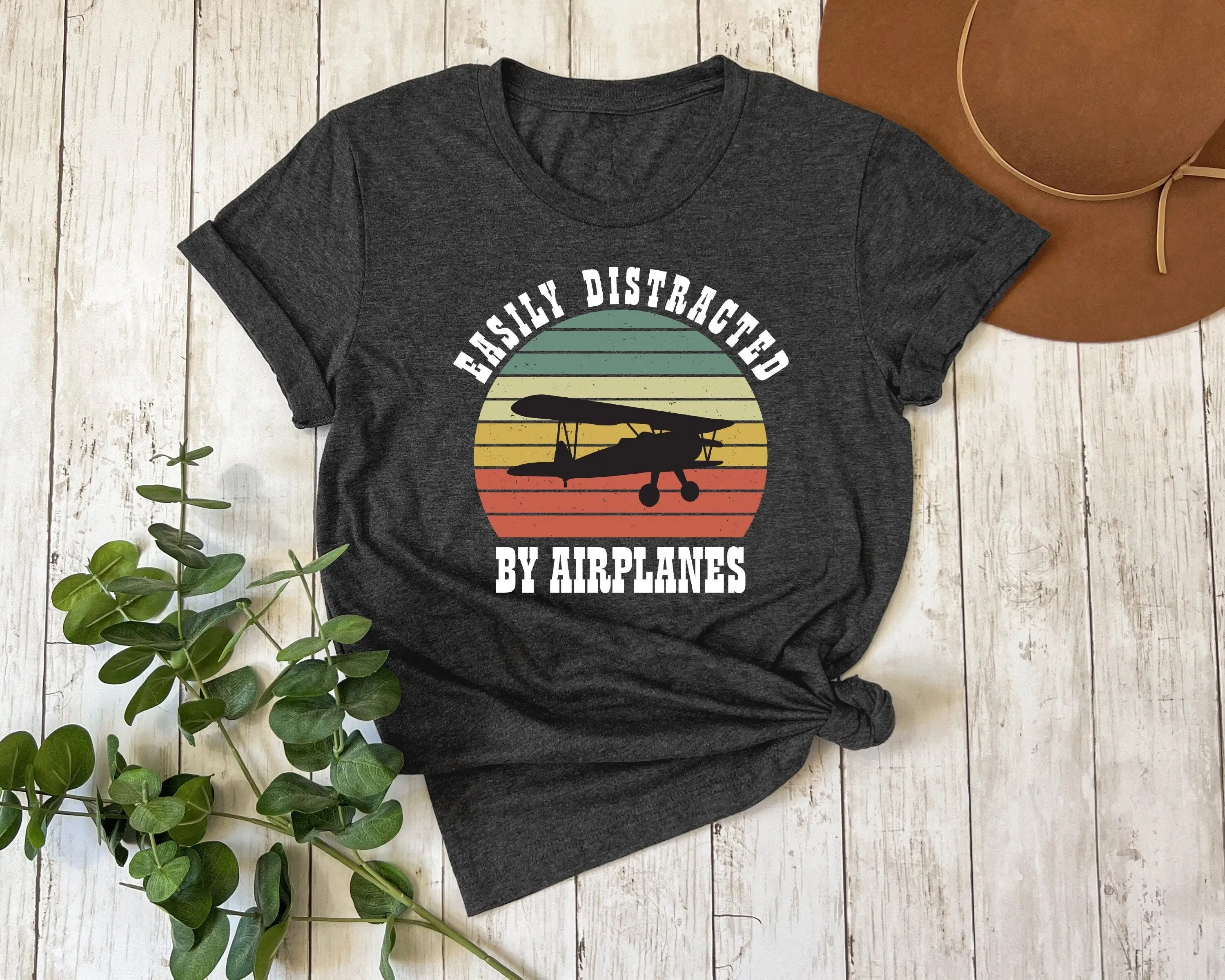 Easily Distracted By Airplanes T Shirt Pilot Aviation Funny Retro Vintage Plane For Airplane Lover