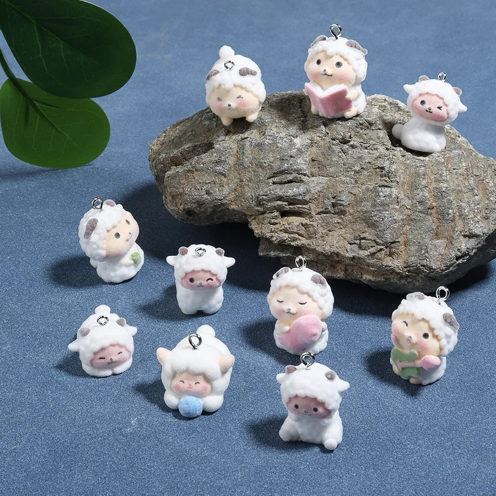 20Pcs 3D Flocking Cute mini Sheep Charms Cartoon Animal Plush Doll Pendant Phone Keychain Necklace Earrings Bag DlY Jewelry Make