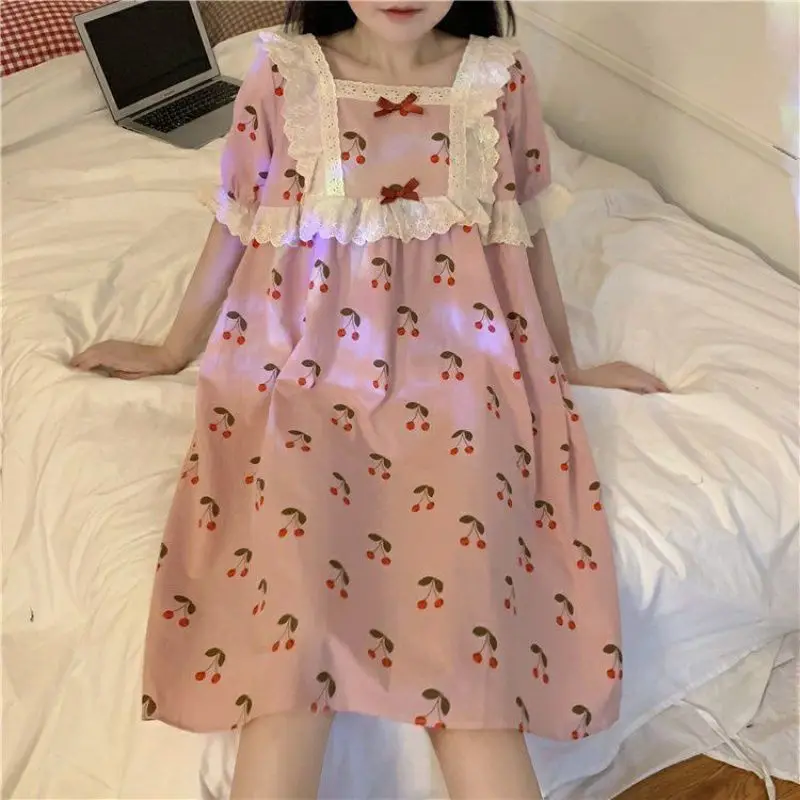

Nightgowns Women Square Collar Summer Ruffles Cherry-print BF Sweet Fashion Daily Casual Lovely Kawaii Chic Clothing Nightwear