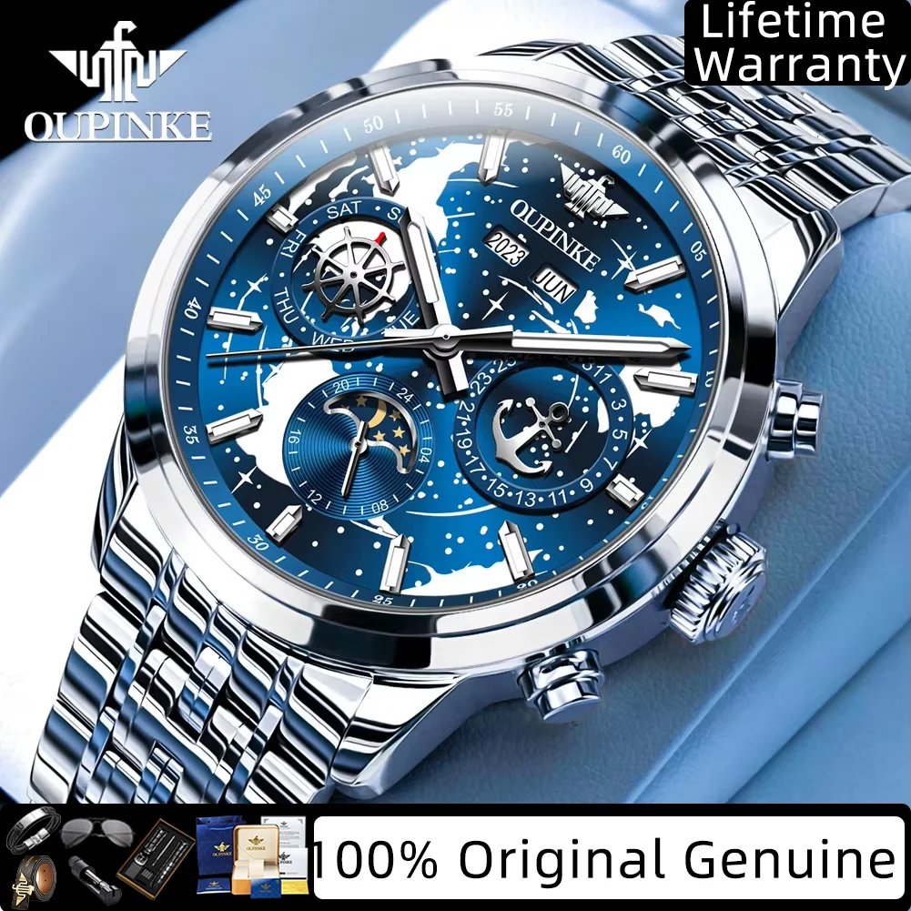 

OUPINKE автоматические мужские часы с фазой Луны, элитный бренд, оригинальные водонепроницаемые часы с календарем, деловые механические наручные часы 3256