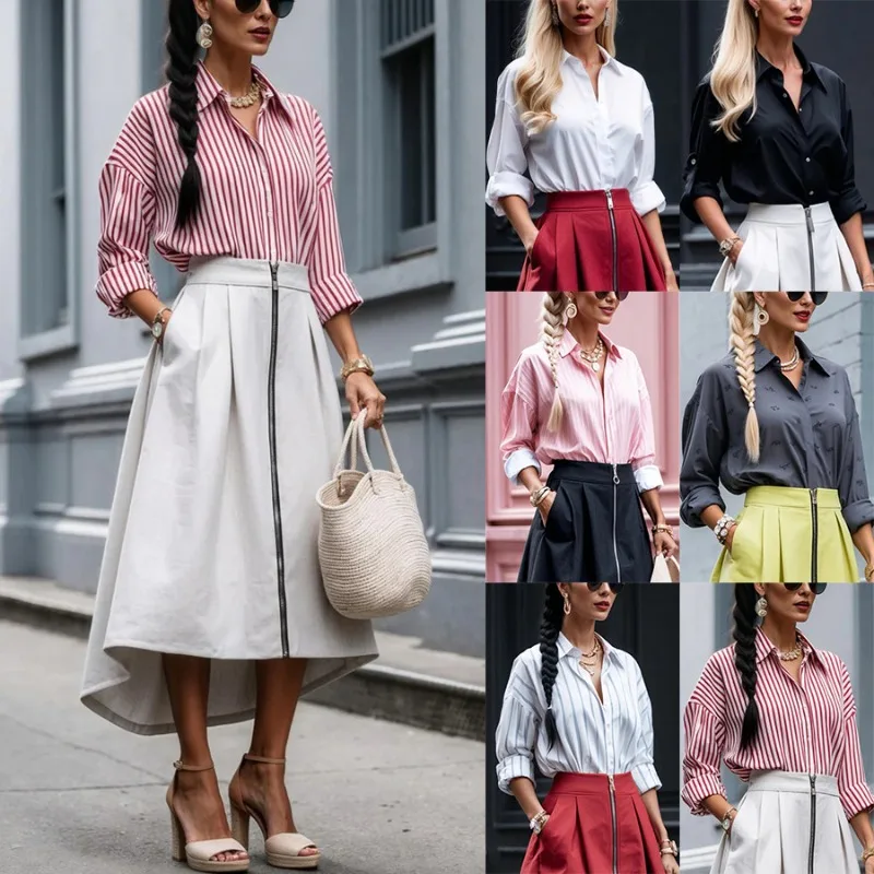 

Elegant Women Stripe Shirt Top Y2K Office Lady Long Sleeve Turn Down Collar Single Breasted T-shirt Blouse Streetwear