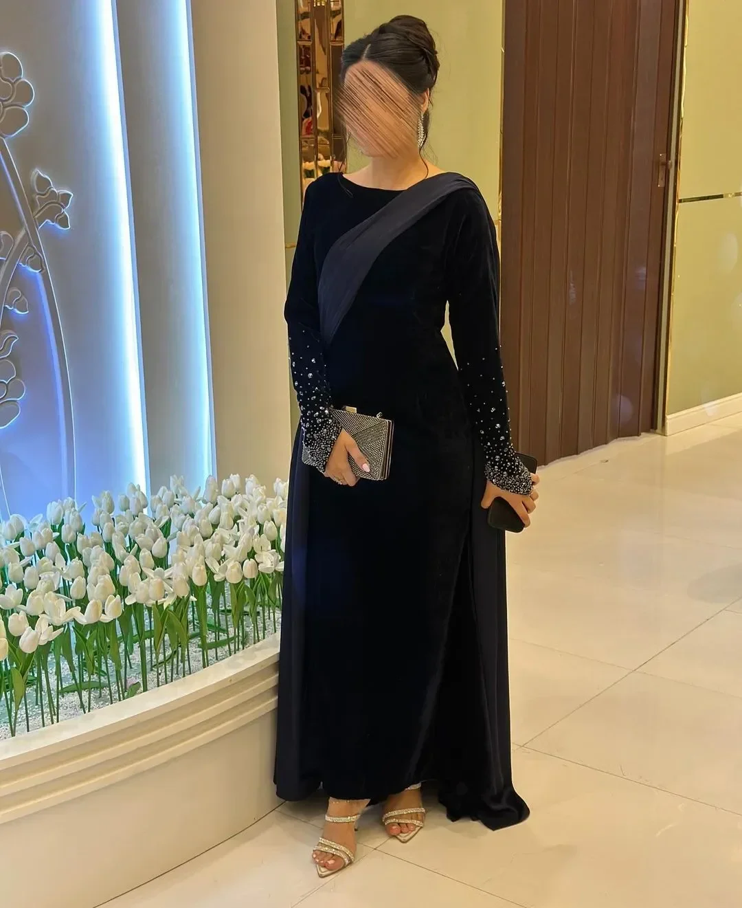 Customized Exquisite Arabic Dubai Prom Dresses Navy Blue Mermaid Evening Gown Beadings Long Sleeve Womens Formal Prom Dress 2024