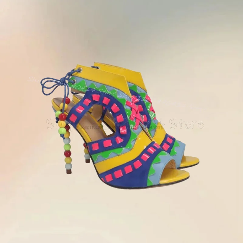 

Mixed Color Strange Style Heels Peep Toe Sandals Lace Up Women Shoes Thin High Heels Fashion Banquet 2025 Zapatos Para Mujere