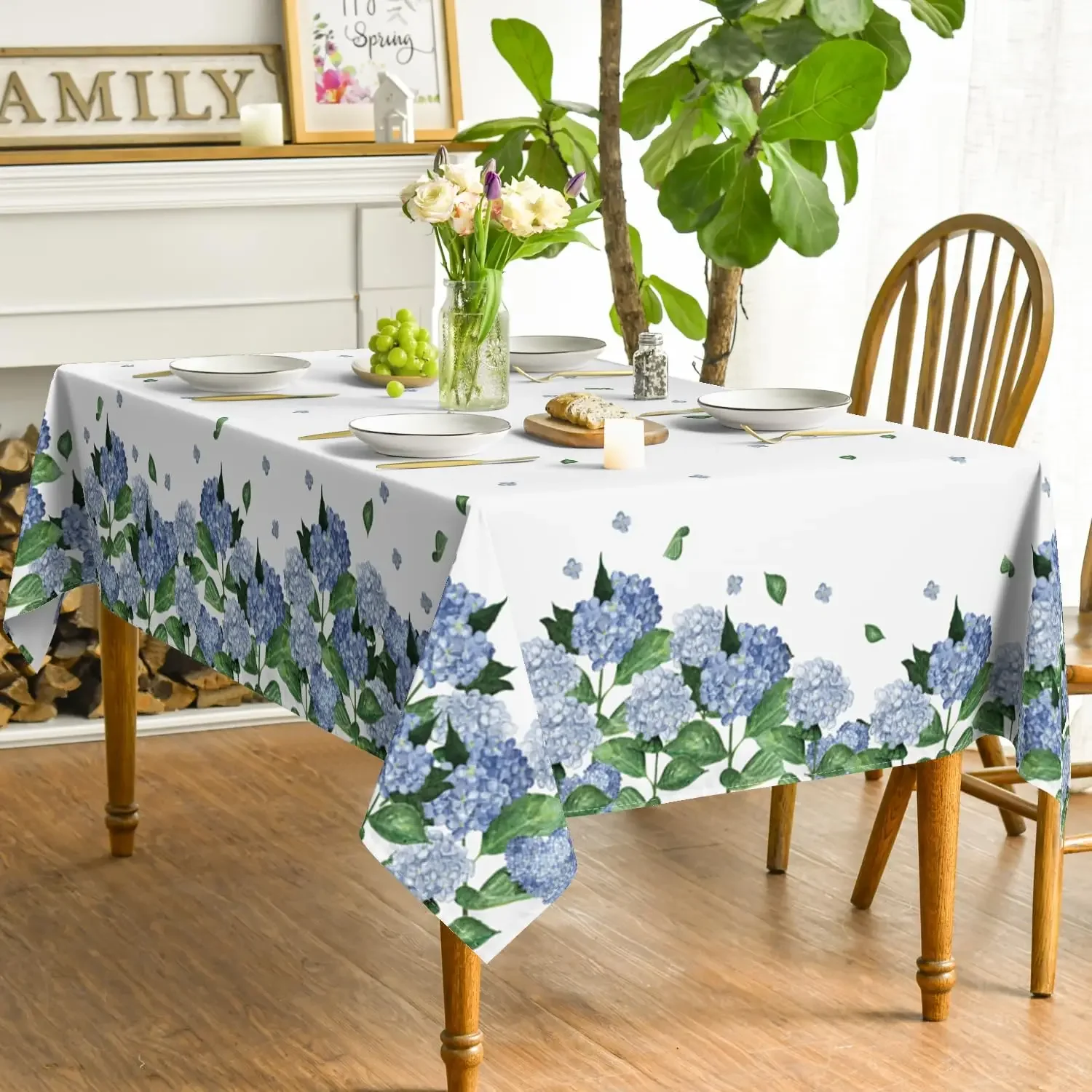 Spring Summer Tablecloth Easter Watercolor Hydrangea Blooming Floral Table Cover Washable Home Kitchen Party Dinner Table Decor