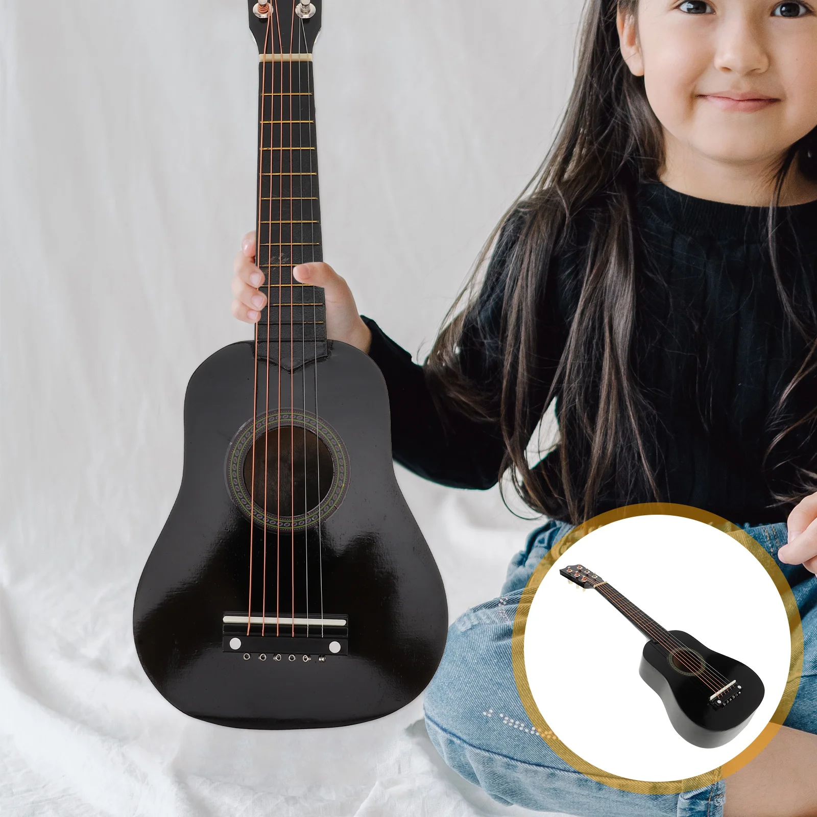 

21 Inch Portable Wooden Guitar for Kids Children Small Size Beginner Acoustic Guitar with Thin Frets Black Musical Instrument