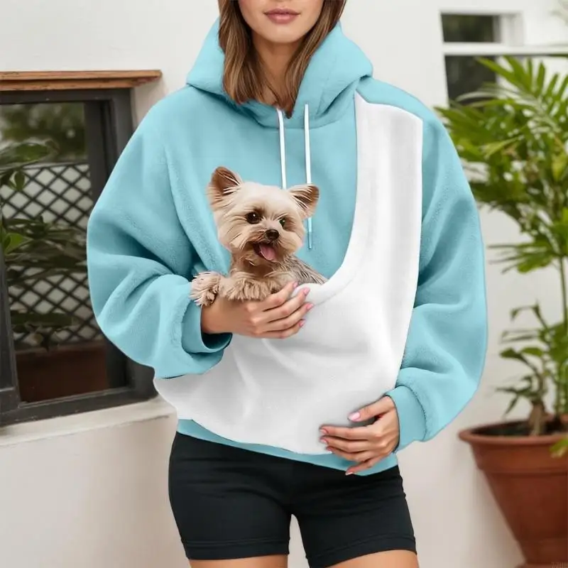 77HE سترة بغطاء للرأس لحقيبة الحيوانات الأليفة، سترة كبيرة الحجم مع جيب أمامي وحقيبة حمل للكلاب الصغيرة والقطط، حامل للكلاب