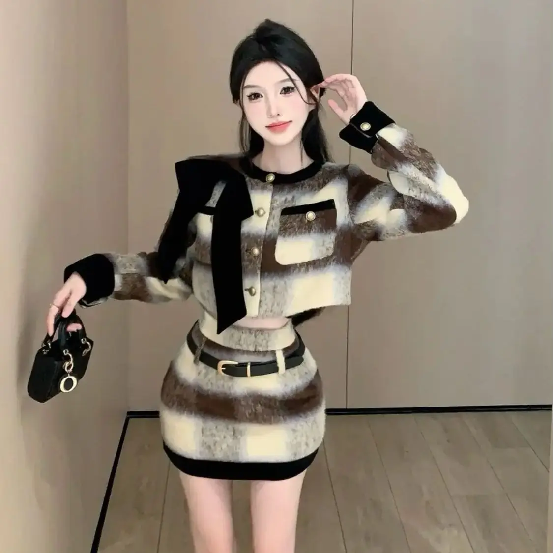 Plaid Suit Women Autumn Winter Maillard Style Hot Girl Woolen Coat High-Waisted A-Line Skirt Fashionable Two-Piece Set