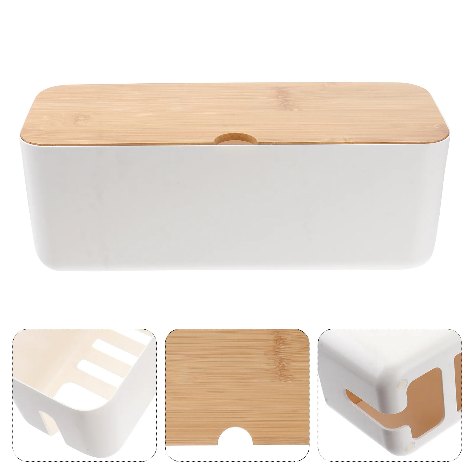 Scatola per la gestione dei cavi Scatola portaoggetti per ciabatta in plastica bianca con coperchio in legno per nascondere cavi per organizer per cavi per ufficio domestico