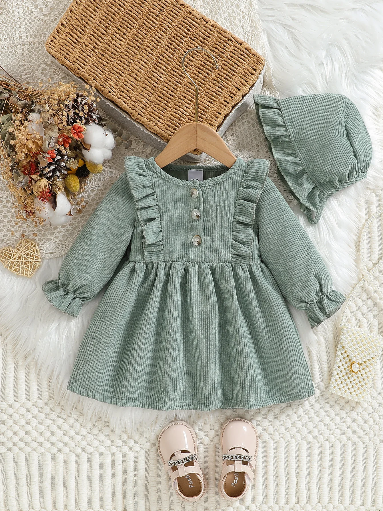 

Baby girl's artistic style solid color corduroy skirt with black fungus edge shoulder design button decoration long sleeved skir