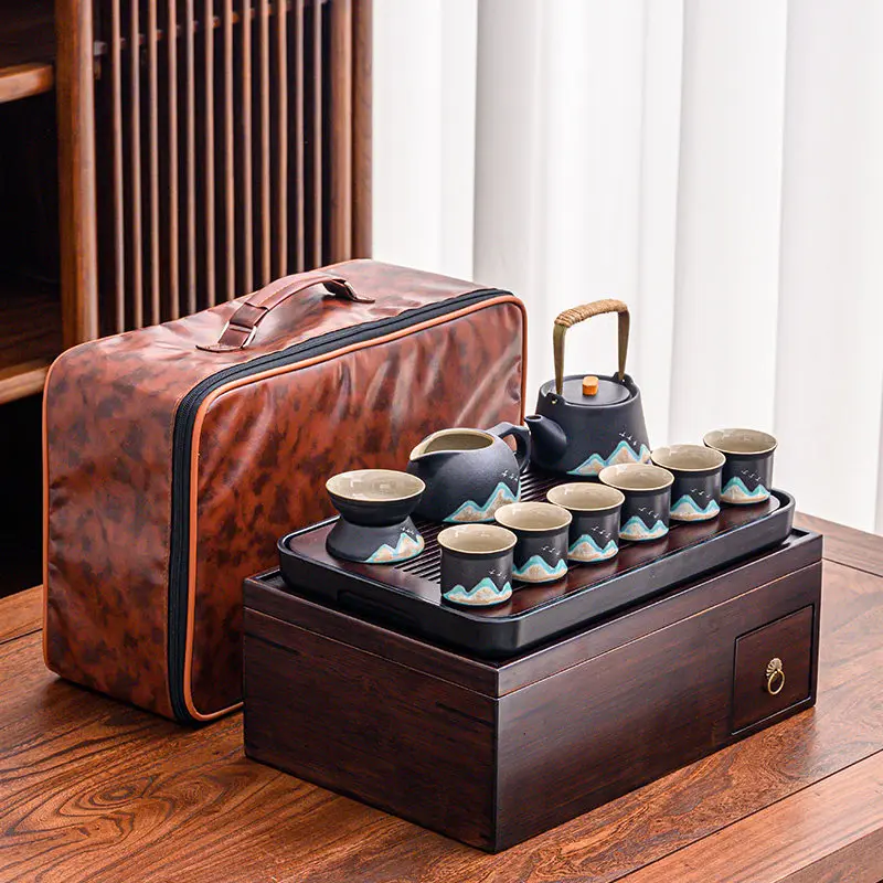 All-in-One Travel Tea Set, Foldable Bamboo Tea Tray with Storage & Ceramic Cups - Portable Tea Kit for Camping, Office