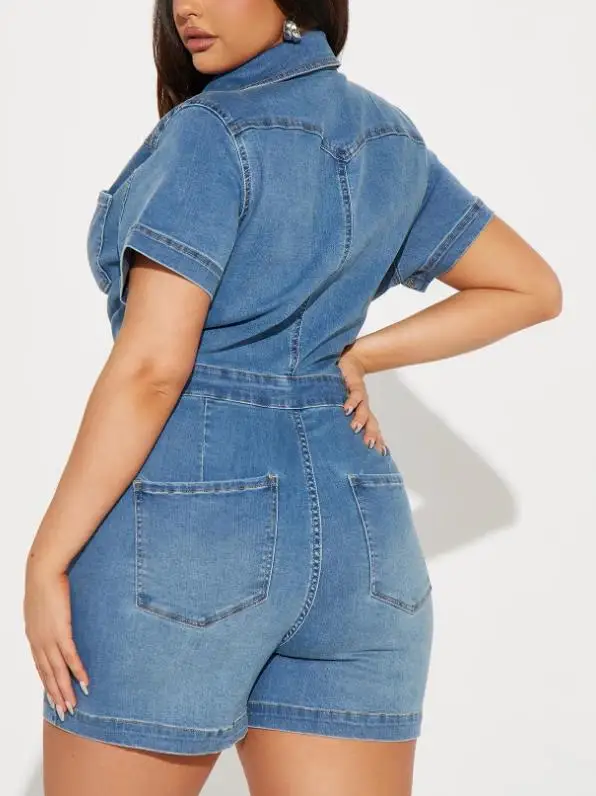 

High Stretch Slim Fit Denim Jumpsuit Short Sleeved Comfortable Stretchy Women's Clothing Casual Outfit