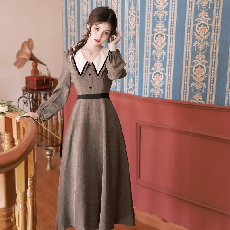 2023 spring new French vintage full sleeves dress women elegant lady fashion turndown collar high waist A-line long dress Y3622