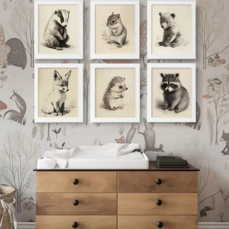 Woodland Baby Animal Vintage Poster Print Forest Animal Rabbit Canvas Painting Wall Art Picture for Nursery Baby Room Home Decor