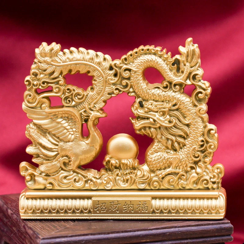 Vintage Style Dragon and Phoenix Auspicious Ornaments Golden Desktop Small Sculpture Home Porch Decor Ornament Decoration Craft