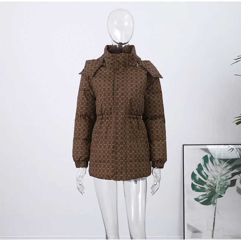 Upgraded Thickened Allover Printed Mid Length Padded Coat Stand Collar Drawstring Waist Windproof 2026 Winter Women Outer Jacket