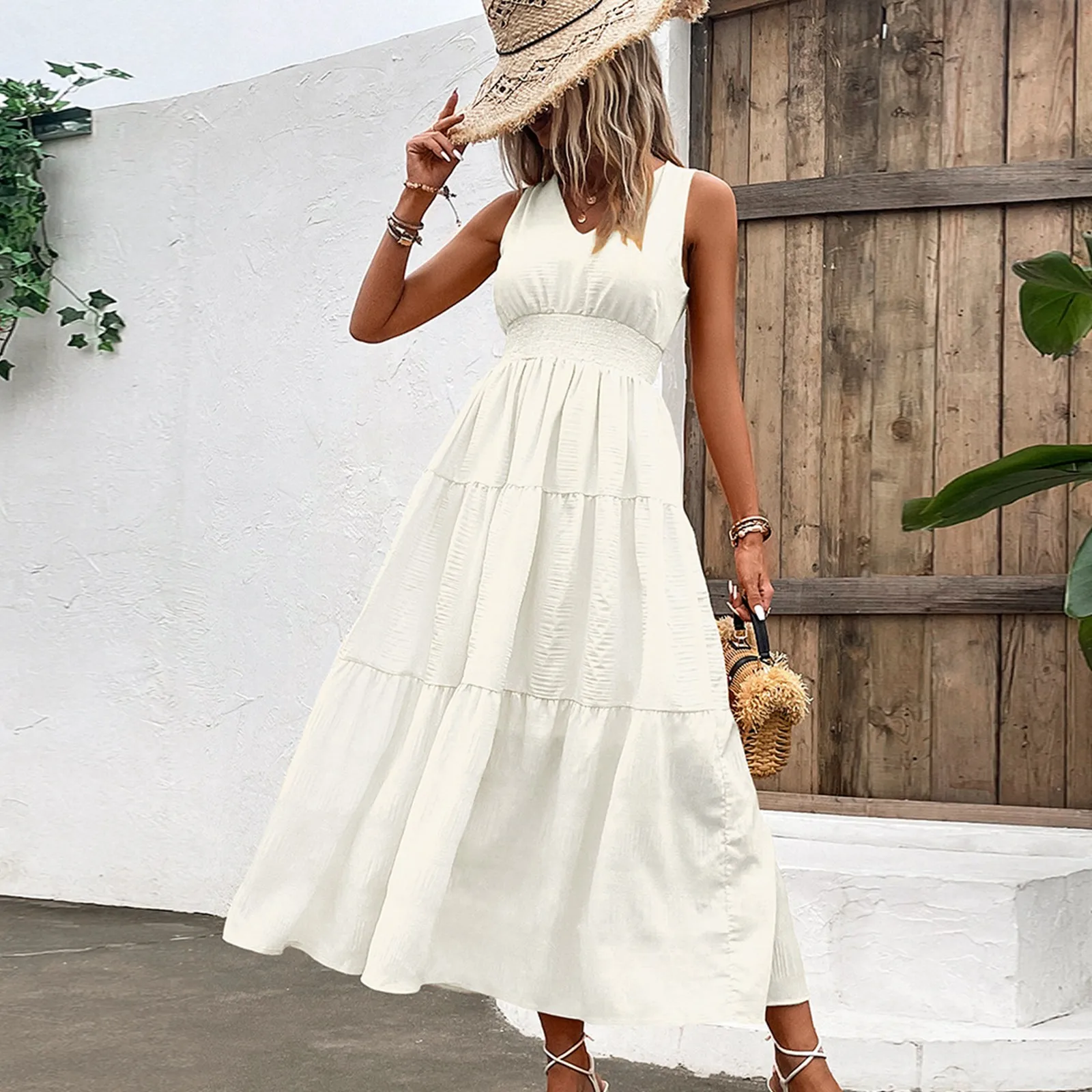 

Draped Waist Tunic Summer Dress Patchwork Solid Color Boho Women Long Dress Sleeveless V-Neck Holiday Sundresses Women