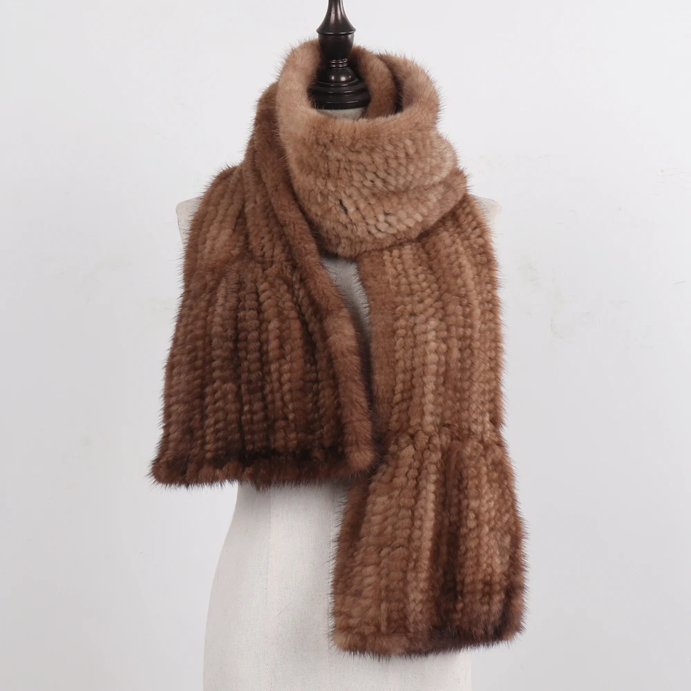 Women 100% Real Mink Fur Scarf Natural Warm Hand Knitted Long Mink Fur Scarf Shawl Lady Winter Luxury Genuine Mink Fur Scarves