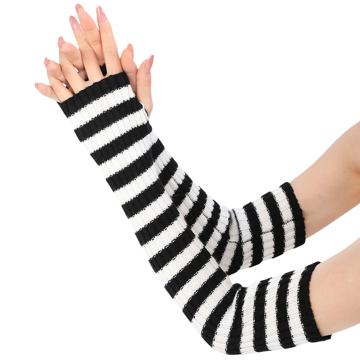 

Womens Arm Warmer Girls Winter Autumn Long Arm Sleeve Stripes Knitted Mitten Fingerless Glove Stretchy Elbow Length Wrist Warmer