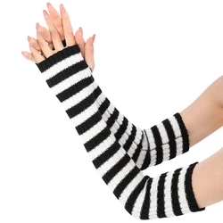 Womens Arm Warmer Girls Winter Autumn Long Arm Sleeve Stripes Knitted Mitten Fingerless Glove Stretchy Elbow Length Wrist Warmer