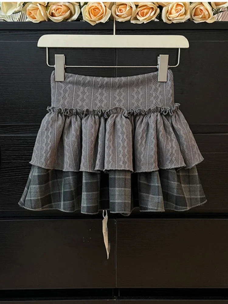 Harajuku Girls Knitted Patchwork Plaid Grunge Skirts Women Y2k Aesthetic High Waist Skirt Streetwear Vintage Ruffled Mini Jupe