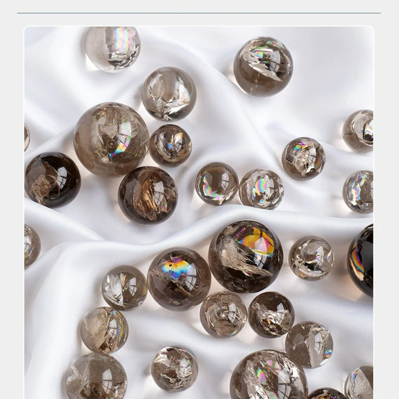 1.2-3.2cm Natural Tea Crystal Ball Rainbow Smokey Quartz Mini Ball Mine Crystal Smokey Burst Color Sphere Healing Decor Gift
