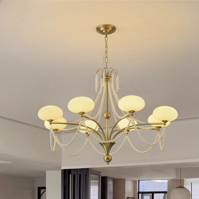 

European White Glass Ceiling Chandeliers Gold Wrought Iron Pendant Light Living Room Bedroom Restaurant Hotel Pearl Hanging Lamp