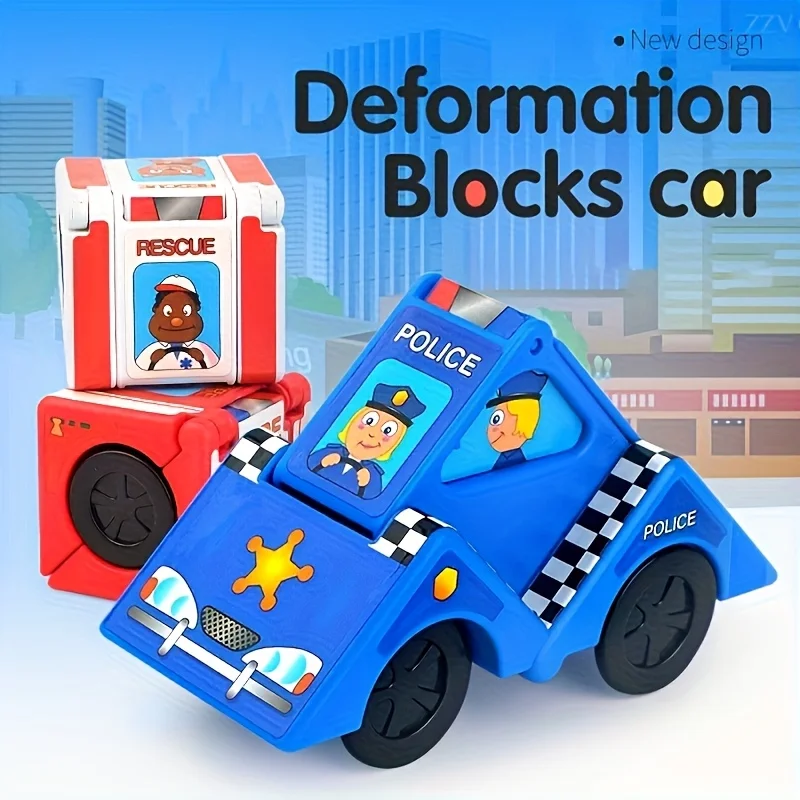 Cute & Fun Transformable Square Car Toy for Children Gift- Foldable, Push-Pull Puzzle Cartoon Block Car with Police Design