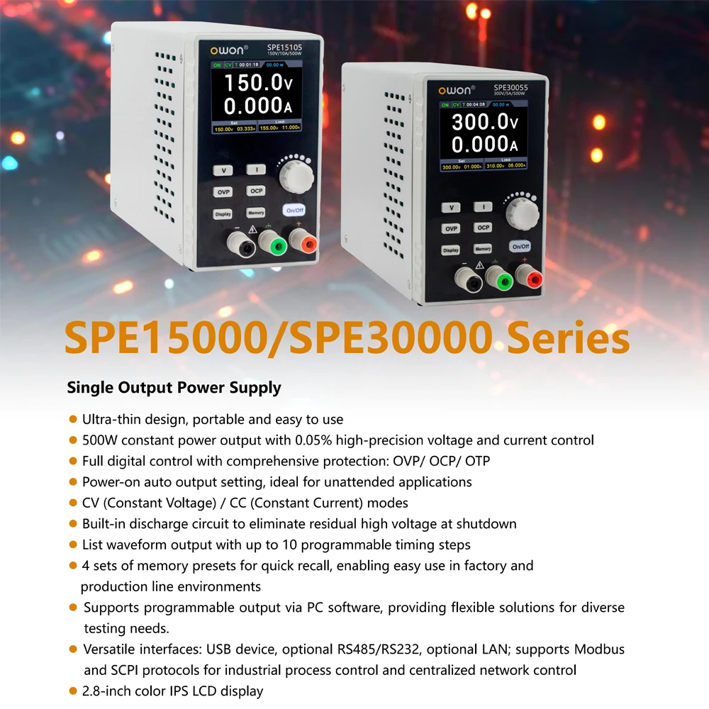 Fonte de alimentação OWON 500W DC SPE15105 SPE30055 150V/300V 10A/5A OVC OVP OTP USB/RS232/RS485/LAN LCD de 2,8 polegadas DC regulado