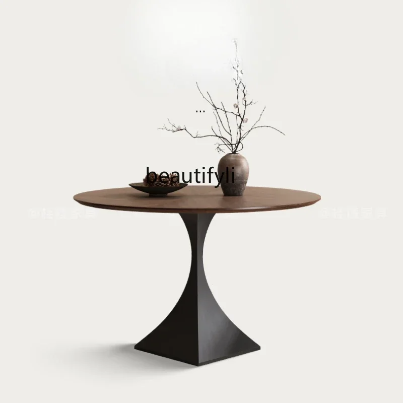 

French round dining table small apartment black walnut veneer solid wood round dining table HY