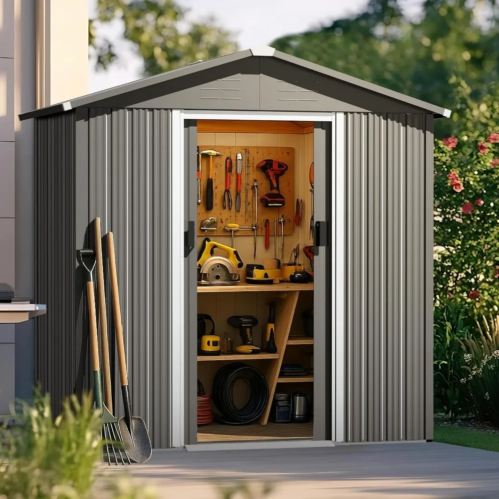 

Nuu Garden 6 x 4 FT Outdoor Storage Shed with Sliding Doors, Galvanized Sheet Outdoor Shed with Sloping Roof, Anti-Corrosion Gar
