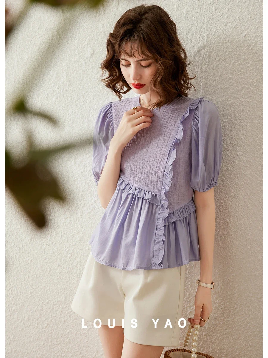 

LOUIS YAO Women Shirt 2024 Summer New Round Neck Puff Short Sleeve Office Lady Flounce Loose Elegant Blouses Women's Top