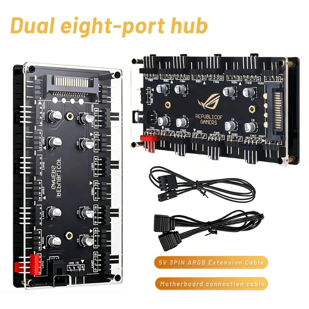 Dual 8-Channel ARGB and PWM Fan Hub Splitter, Supports 5V 3-Pin RGB Lighting and 4-Pin Fan Speed Control, SATA Power 2-in-1 Hub