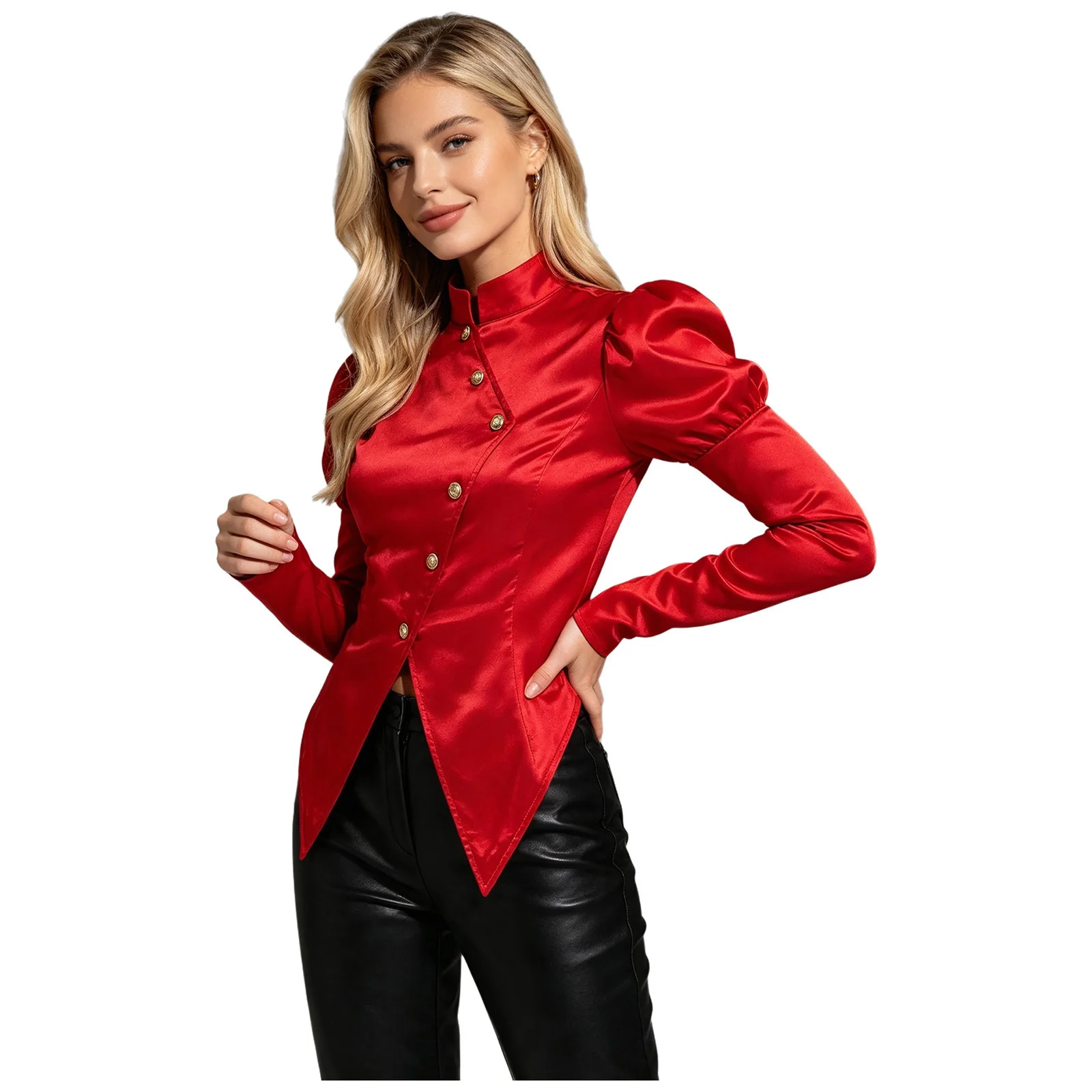 Womens Victorian Tops Button Circus Show Satin Blazer Stand Collar Long Puff Sleeves Blouse Xmas Party Circus Ringmaste Costume