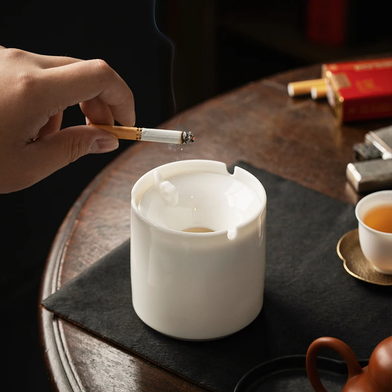 

Chinese style Ceramic With Cover Ashtrays, Home Living Room Office Decoration Tea Washing Accessories, Anti Fly Ash Ashtray, 1Pc