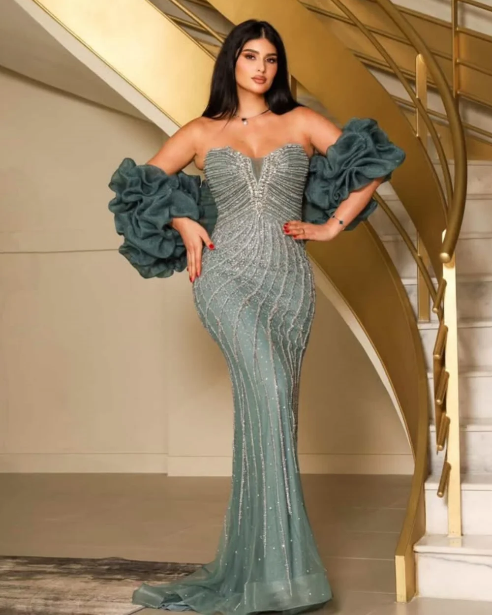 Customized Exquisite Women Tulle Rhinestone Beading Mermaid Evening Dress Fashion Sweetheart Sleeveless Floor Lenght Party Gowns