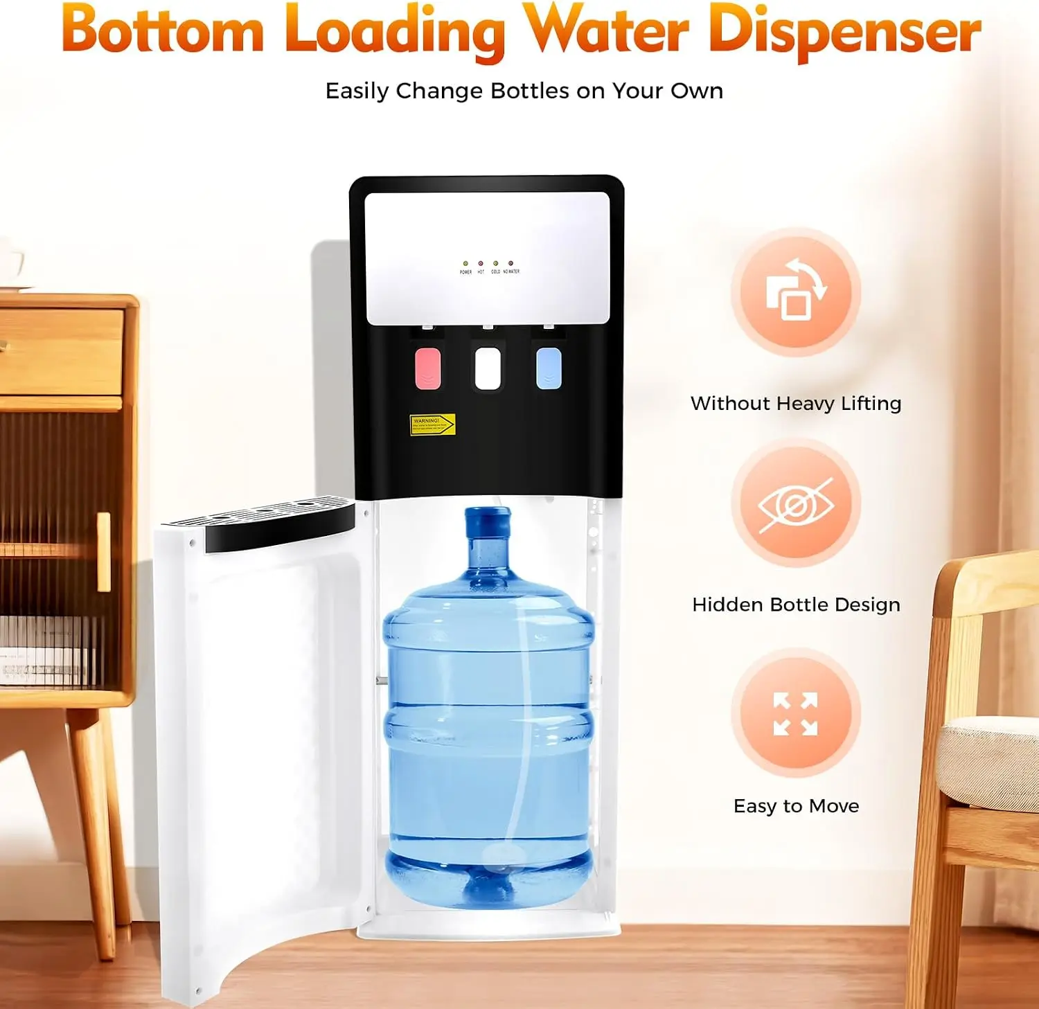 Bottom Loading Water Cooler Dispenser 5 Gallon Bottles Three Temperatures Hot Room Cold Spouts Child Safety Lock Led Display Hom
