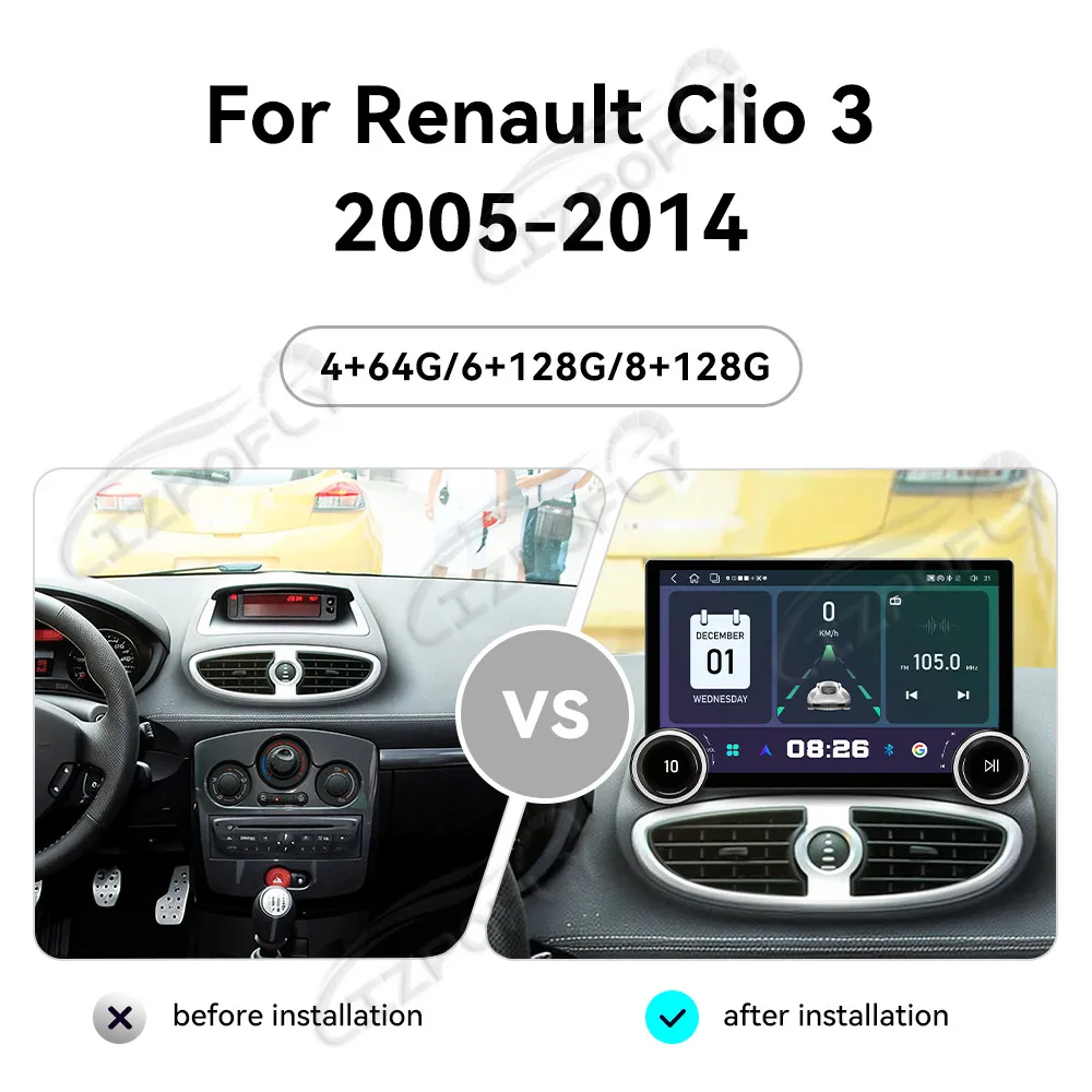 

Модернизированная 11,5-дюймовая магнитола Lizpofly для Renault Clio III 05–14 с беспроводными CarPlay и Android Auto, сенсорным экраном и GPS-навигацией