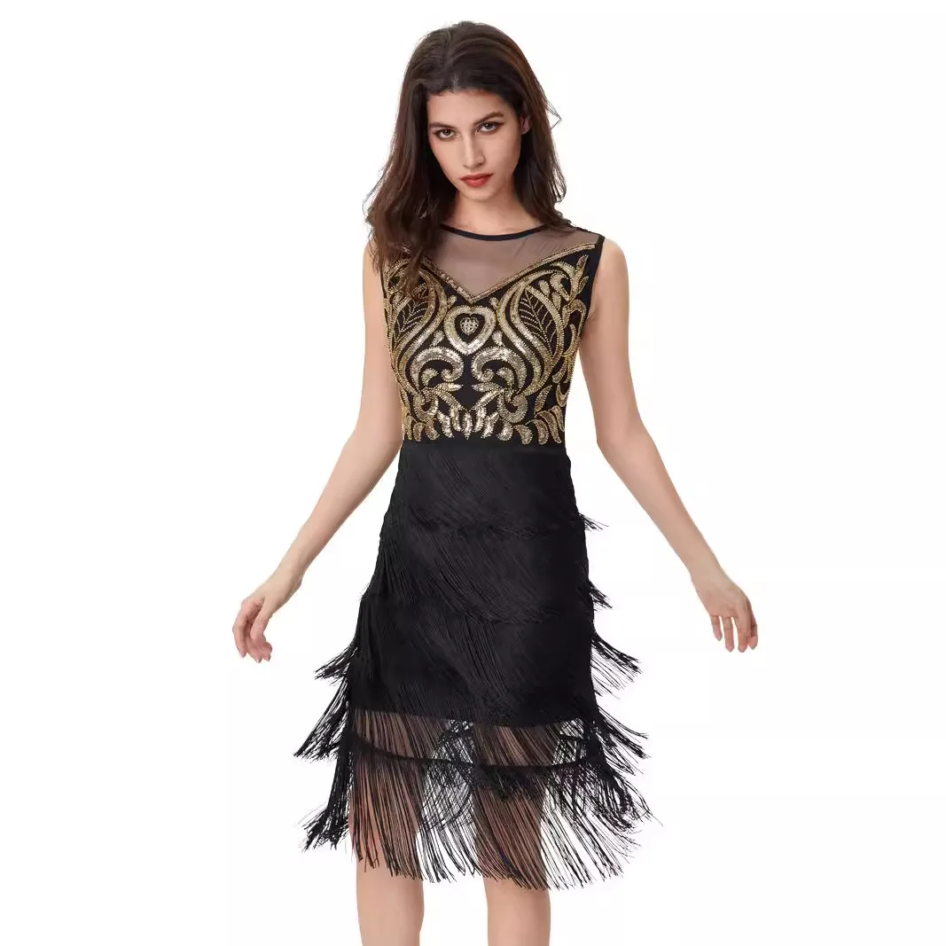 Glitter Dress 1920s Flapper Retro Slimming Tassel Dress Great Gatsby Cocktail Party Dress Sleeveless Tassel Latin Dance Dress